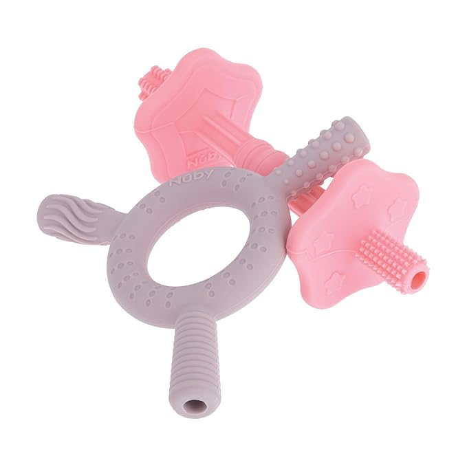 Nuby Hollow Tube Silicone Teething Toy - (2-Pack) Baby Teething Sticks - 3+ Months - Purple and Pink