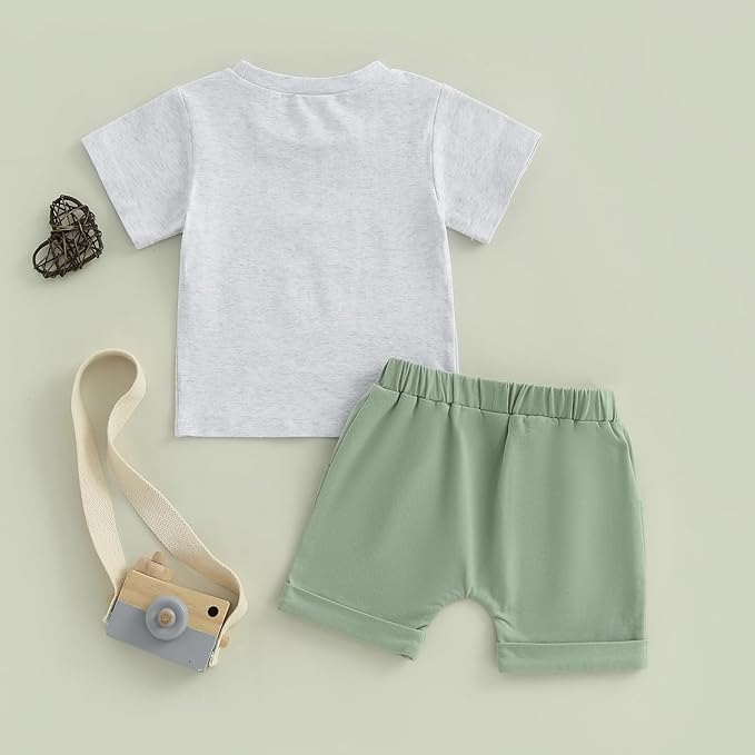 Toddler Baby Boy Clothes Summer Short Sleeve Trucks Tractors Print T-Shirt Tops Solid Color Shorts Set Casual Outfit