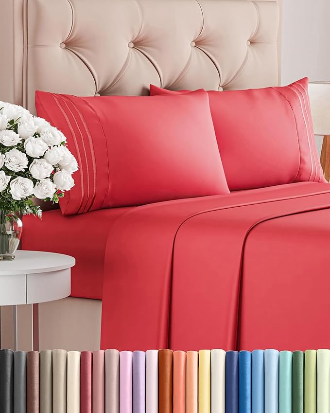 Full Size 4 Piece Sheet Set - Comfy Breathable & Cooling Bed Sheets Set - Hotel Luxury Bedding for Women, Men, Kids, Teens, Boys and Girls - Deep Pockets, Ultra-Soft & Wrinkle Free - Oeko-Tex - Red
