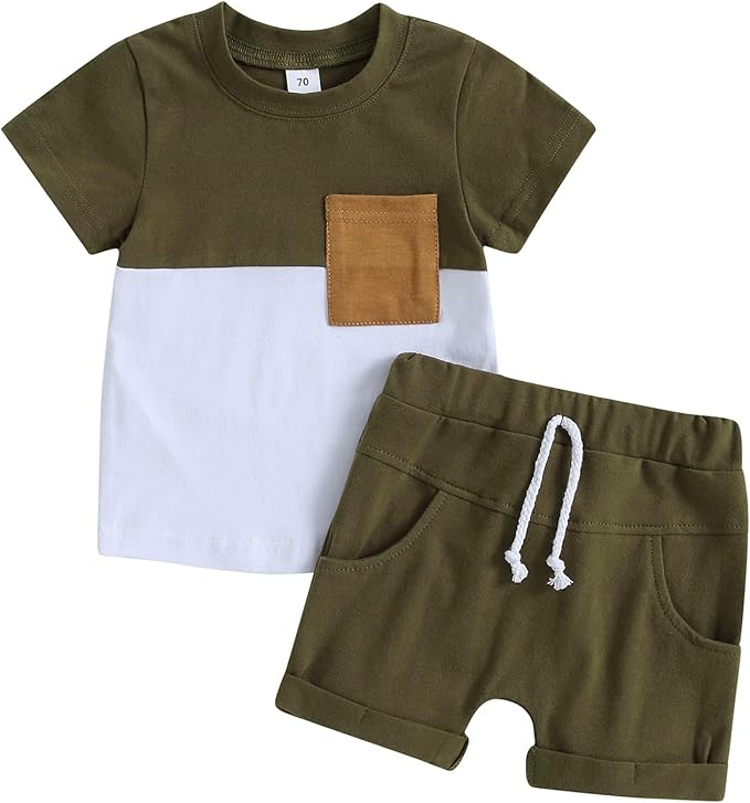 fhutpw Baby Toddler Boy Clothes Summer Outfits 6 12 18 24 Months Patchwork Short Sleeve T Shirt & Shorts Sets with Pockets