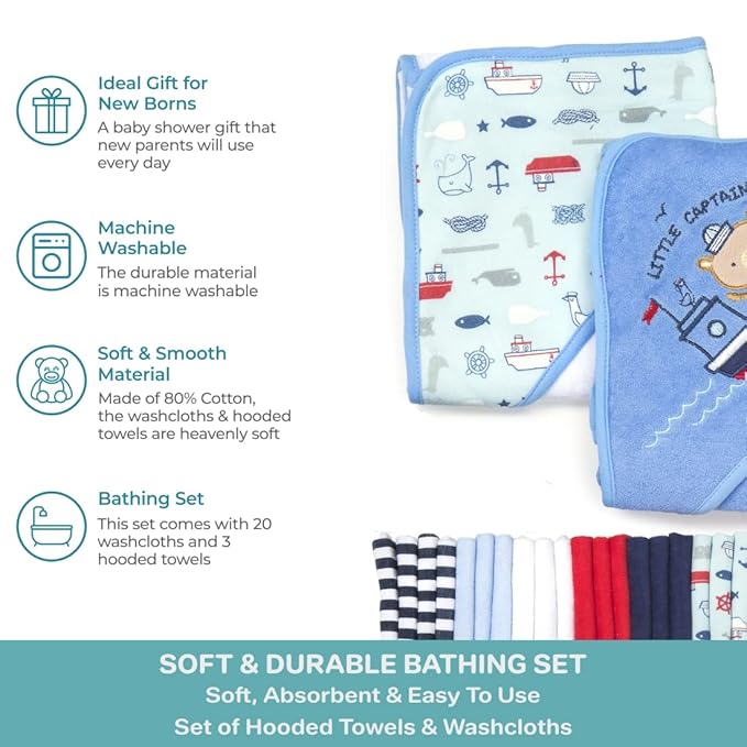 Spasilk 23-Piece Soft Terry Hooded Bath Towel and Washcloth Set, 3 Baby Towels and 20 Baby Washcloths for Newborn Boys and Girls, Navy Nautical