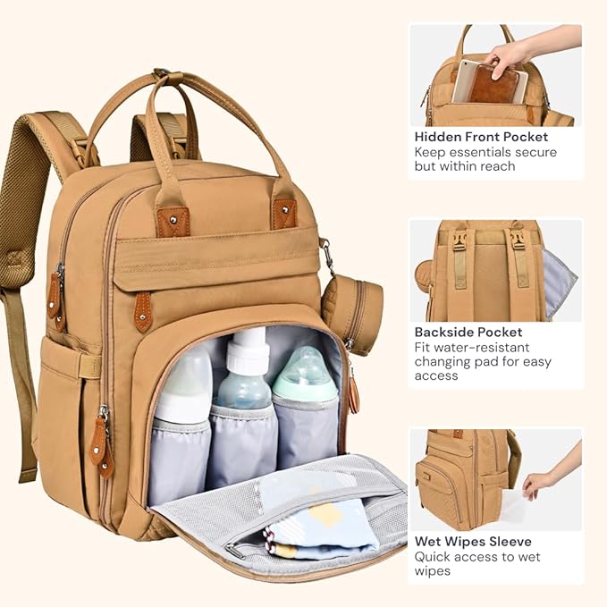 BabbleRoo Diaper Bag Backpack - Baby Essentials Travel Tote - Multi function Water Resistant Diaper Bag, Travel Essentials Baby Bag with Changing Pad, Stroller Straps & Pacifier Case - Unisex, Beige | Multi function, Waterproof, Diaper Bag, with Changi...