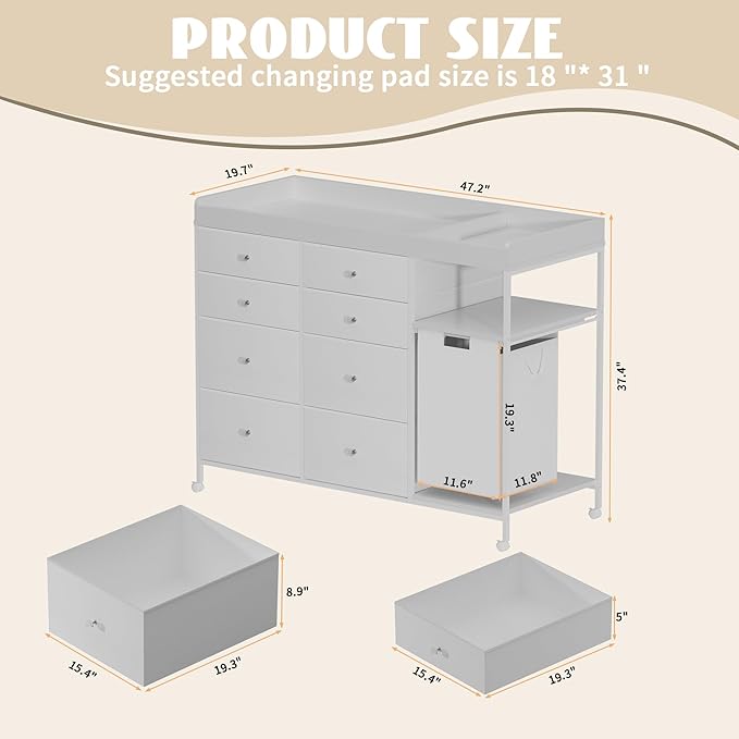 47.2" Nursery Dresser with 8 Drawers and Changing Table Top Baby Changing Station Dresser with 1 Open Shelf and 1 Laundry Hamper Diaper Changing Station Mobile Nursery Organizer,White