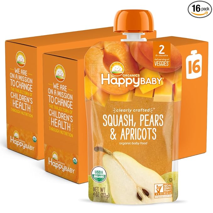 Happy Baby Organics Stage 2 Baby Food Pouches, Gluten Free, Vegan & Healthy Snack, Clearly Crafted Fruit Puree, Squash, Pears & Apricots, 4 Ounces (Pack of 16)