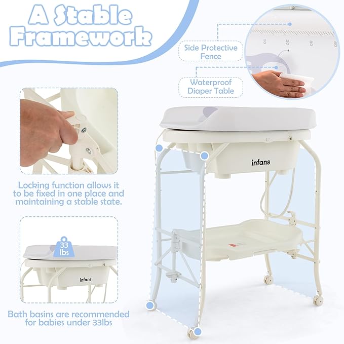INFANS 2 in 1 Baby Changing Table with Bath Tub Unit, Folding Diaper Dresser Station with Wheels Waterproof Pad Storage Rack, Portable Nursery Organizer Stand for Newborn Infant (White)
