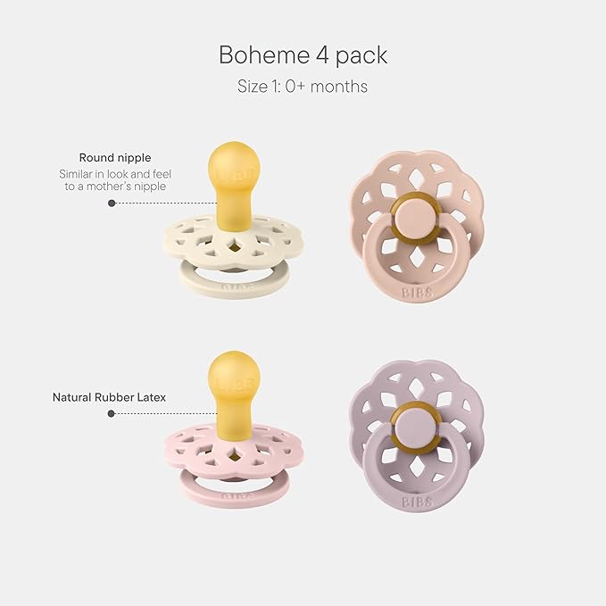 BIBS Boheme Infant Pacifier Set for 0–6 Months | BPA-Free Latex Soothers | Soft Natural Rubber Round Nipples | 4-Pack | Made in Denmark | Dusky Lilac Mix