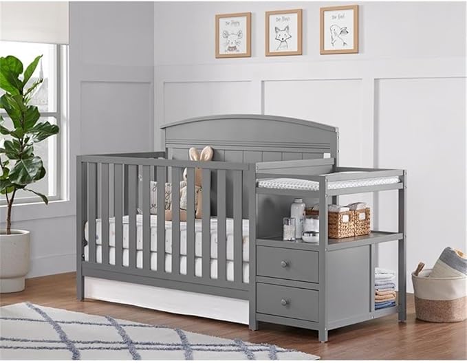Pemberly Row Wood Crib and Changer Combo in Dove Gray Finish