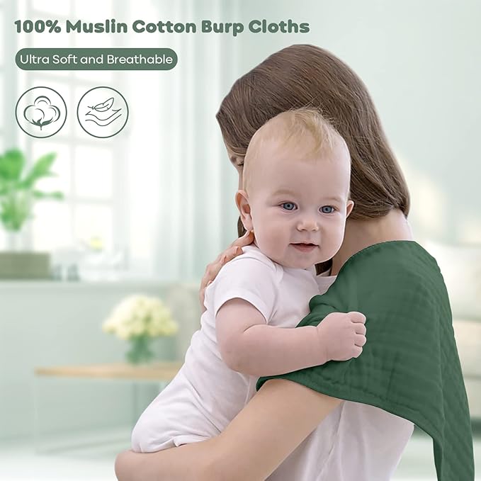 Yoofoss Muslin Burp Cloths for Baby 10 Pack 100% Organic Cotton Baby Washcloths for Boys Girls Large 20''X10'' Super Soft and Absorbent Gradient Green