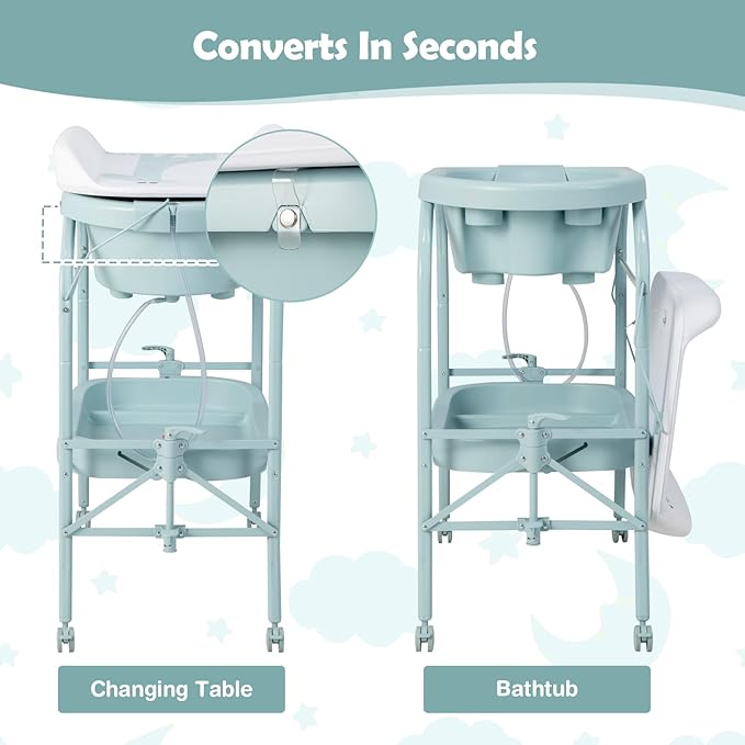 HONEY JOY 2-in-1 Baby Bathtub & Changing Table, Foldable Infant Diaper Changing Station with Wheels, Storage Tray, Waterproof Pad, Portable Newborn Nursery Organizer Bath Stand for Boys Girls (Blue)