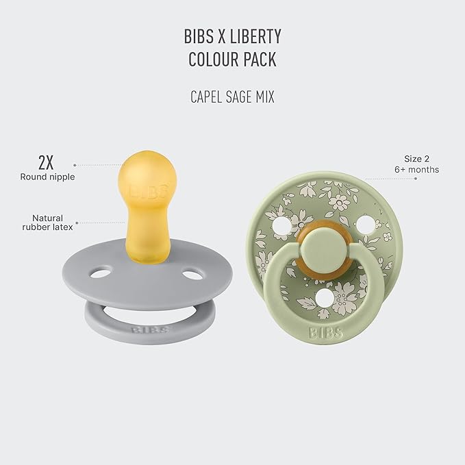 BiBS Liberty Pacifier 2-Pack, BPA Free Pacfiers with Natural Latex Round Nipple, Made in Scandinavia, Size 2 (6-18 Months), Capel Sage