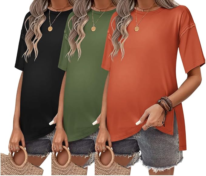 Ekouaer Maternity Shirts 3 Packs Short Sleeve Womens Oversized Pregnancy Tops Split Side Postpartum Blouse Clothes S-XXL