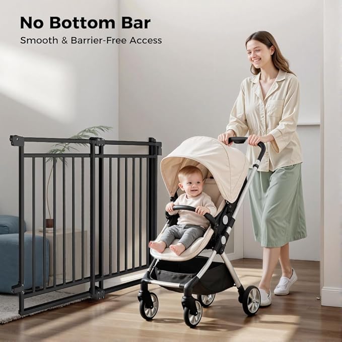 COMOMY 27.5-43" Baby Gate No Bottom Bar for Stairs and Doorways, 2-in-1 Auto Close Dog Gate Indoor for the House, Hardware Mounted Pet Gate with Large Walk Thru Door, Child Safety Gate for Dogs, Black
