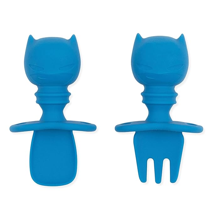 Bumkins Baby Utensils Set, Chewtensils Silicone Spoons for Dipping, Self-Feeding, Baby Led Weaning, Trainer Learning, First Stage Eating, Soft Practice Fork and Spoon, 6 Months, Batman Blue