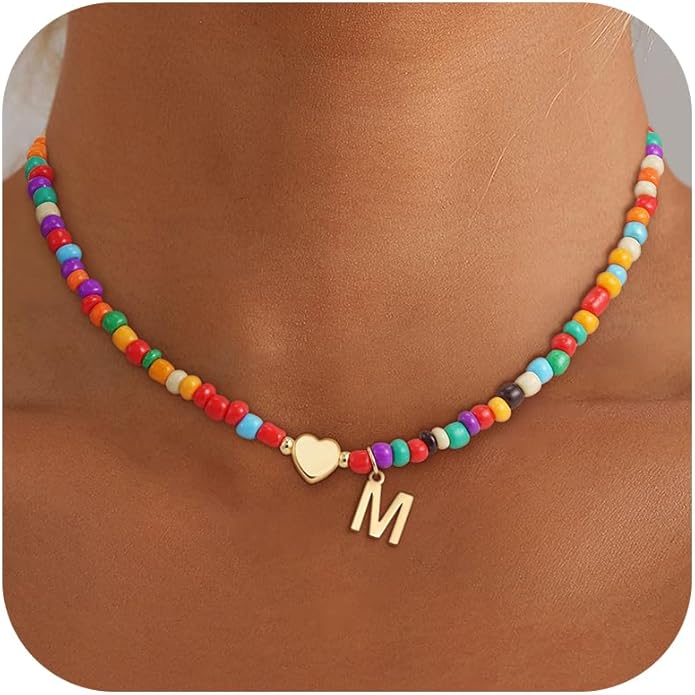 Valentines Day Gifts for Kids Women Girls - Colorful Beaded Initial Necklace Teen Girls Trendy Stuff Dainty Letter Choker Necklace Valentines Day Gifts for Her Mom Wife Jewelry