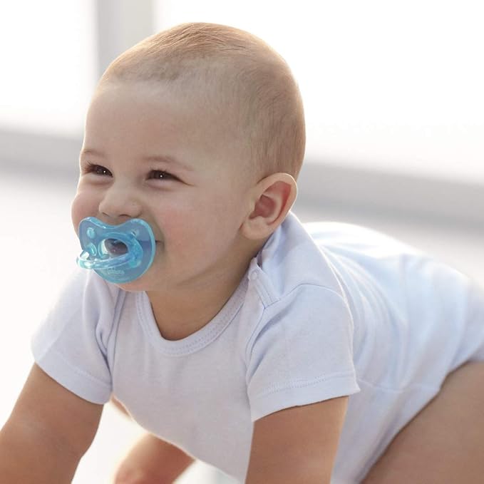 Chicco PhysioForma Silicone Orthodontic Pacifier, 6-16m | 100% Soft Silicone | Supports Breathing & Oral Development | Satin-Textured Nipple | Includes Sterilizing Case | BPA Free | Blue/Green, 2pk