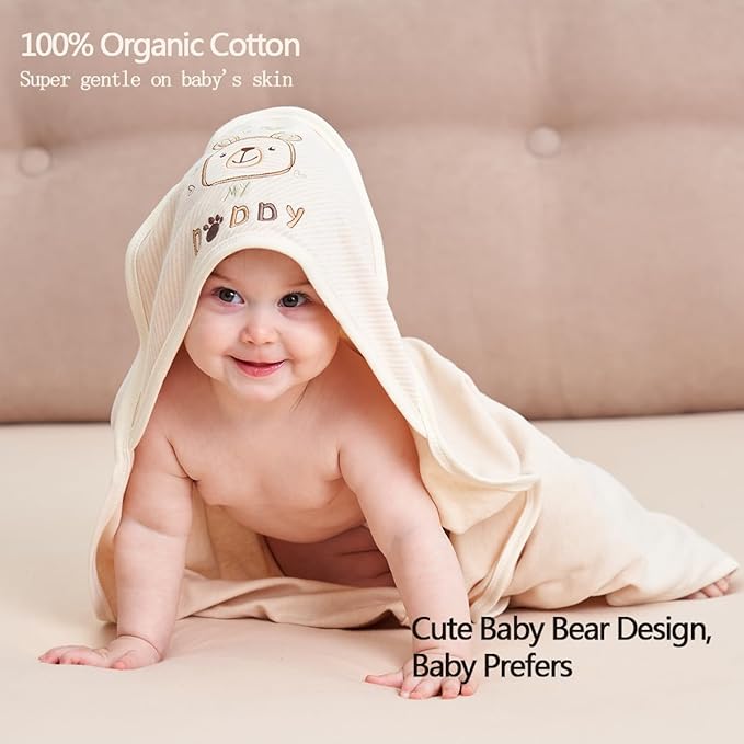 6 Pack Organic Cotton Baby Bath Set, Ultra Soft Embroidered Hooded Towel and 5 Washcloths, Premium Gentle Newborn, Toddlers Gift for Sensitive Skin, Brown 30 x 30 Inch