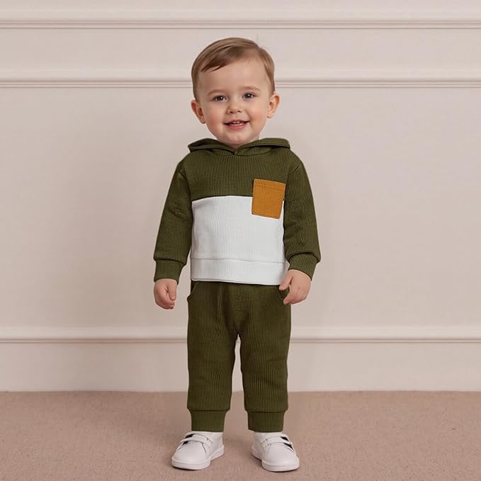 Toddler Baby Boy Hoodies Fall Clothes Waffle Contrast Color Sweatshirt Pant Set Infant Clothes 6 12 18 Months 2T 3T