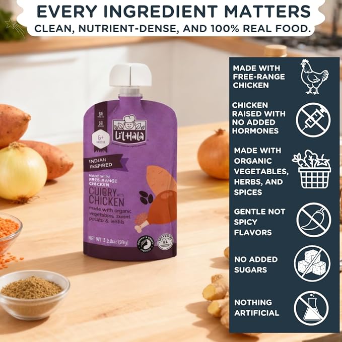 Li'l Hala Foods - Baby Meat Pouches - Chicken Curry (12 Pack) | | Baby Food Purees with Protein, Healthy Fats & Fiber from Real Meat & Organic Veggies | 6+ Months Baby Meals