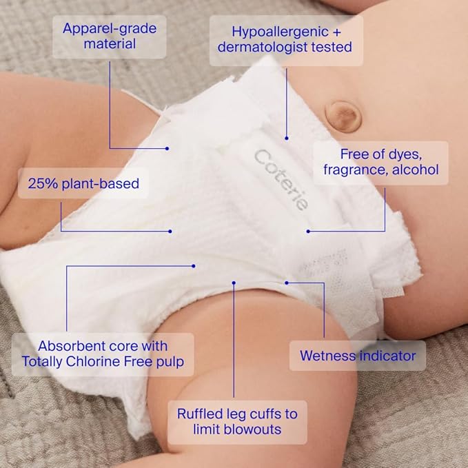 Coterie Baby Wipes + Diapers Kit, Size 2 Diapers (186 Count) & 8 Pack (448 Count) Baby Wipes with 99% Water, Plant Based Materials, Hypoallergenic for Sensitive Skin, Baby Essentials