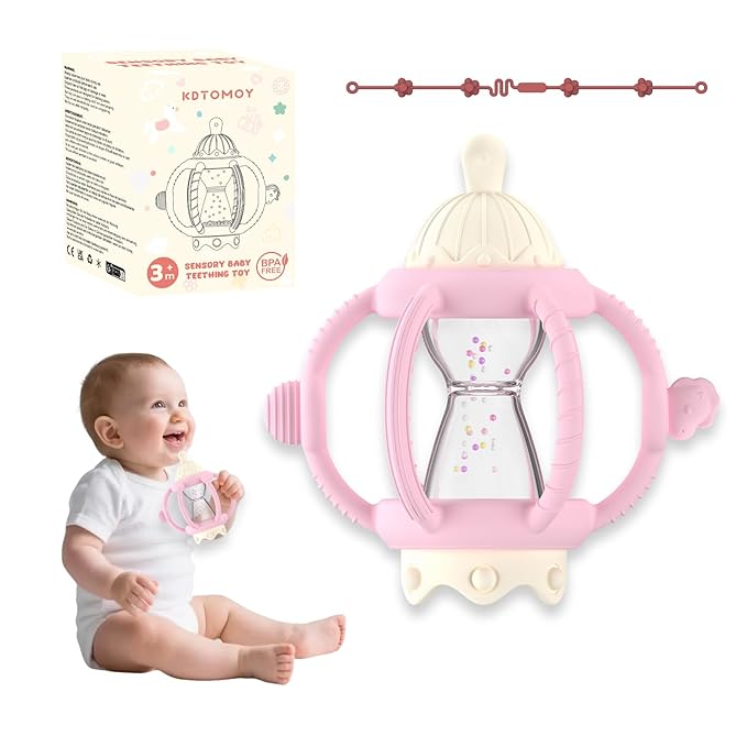 Teething Rattles for Babies 0-6 Months 6-12 Months, Silicone Rattle Teether with Pacifier, Baby Montessori Toys 6-18 Months, Infant & Toddler Molar Teething Relief, Boys Girls Essential Gifts (Pink)