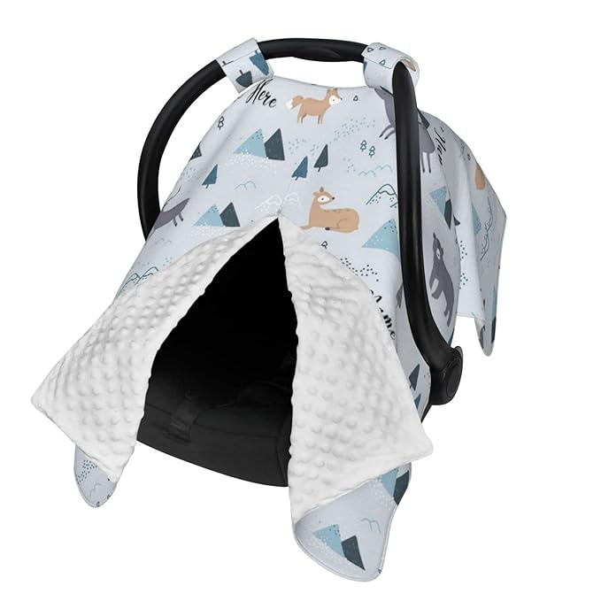 Personalized Deer and Bear Baby Car Seat Canopy for Babies with Name, Custom Car Seat Covers Boys Girls, Peekaboo Opening Minky Nursing Breastfeeding Cover Infant Car Seat Canopies for Newborn
