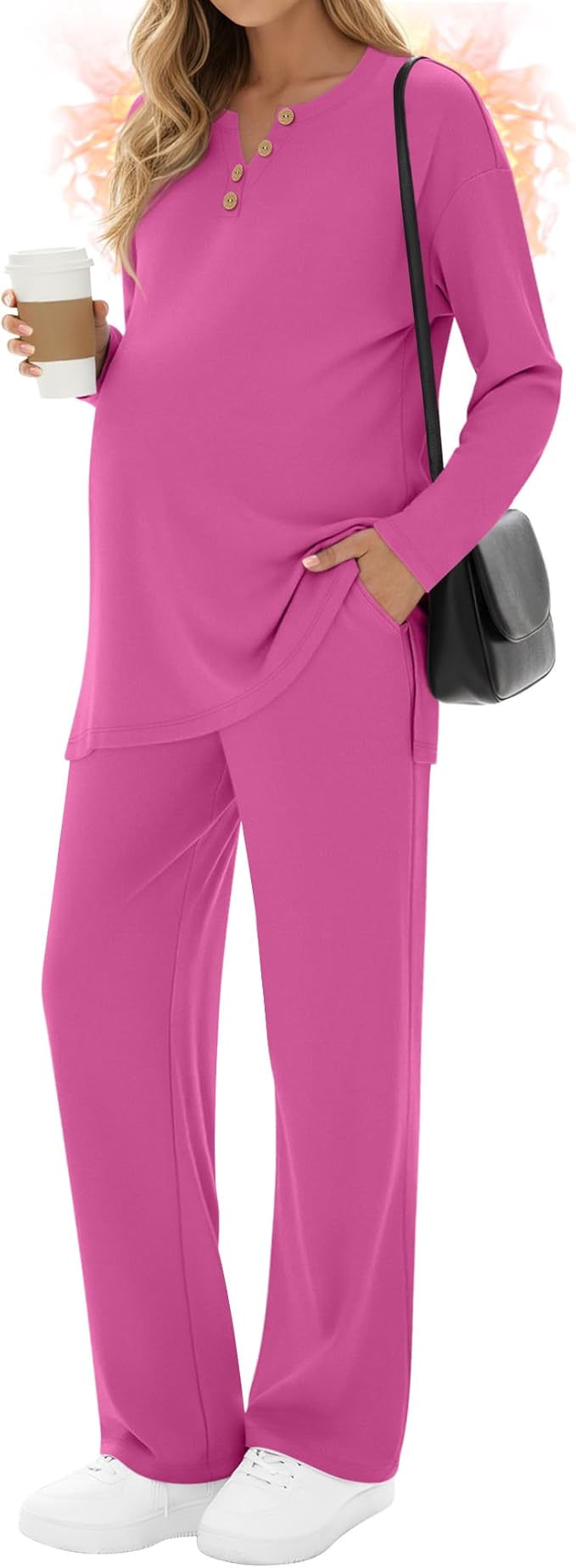 2 Piece Thermal Maternity Lounge Set Postpartum Pregnancy Fleece Loungewear Long Sleeve Top and Wide Leg Pant
