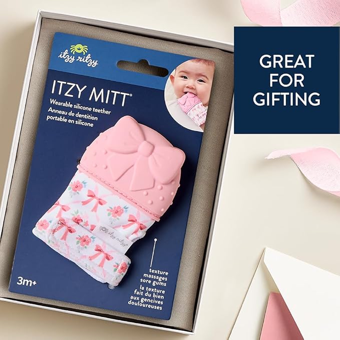 Itzy Ritzy Silicone Teething Mitt - Soothing Infant Teething Mitten with Adjustable Strap, Crinkle Sound & Textured Silicone to Soothe Sore & Swollen Gums - for Ages 3 Months & Up (Bow)