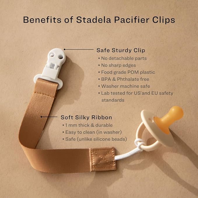 Stadela Baby Pacifier Clip Holder - Boy and Girl Unisex 4 Pack Gift Set – Vintage Neutral Checker Teddy Bear Beige and Brown