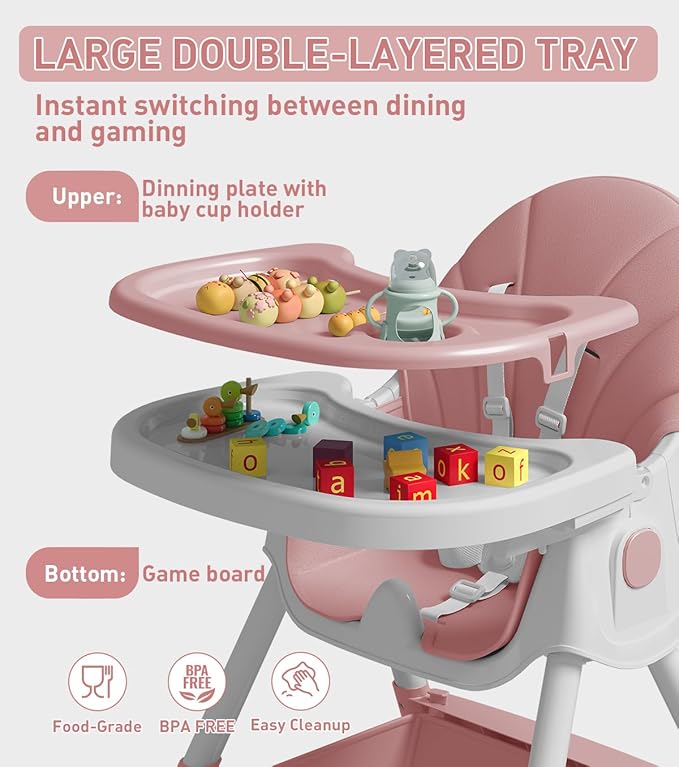 Baby High Chair, 5 in 1 High Chairs for Babies and Toddlers, Travel Foldable High Chair with Foot Rest, Detachable PU Cushion, Double Removable Tray, Adjustable Height & Recline