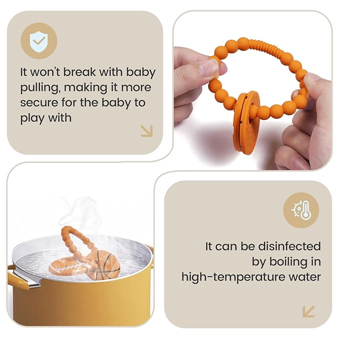 Silicone Baby Ring Toy with Basketball,American Football Teethers,Must Haves Teething Relief Chew Toys for 3-6,6-12 Months Boys and Girls,Newborns Essentials,Safe and Soft,BPA Free.