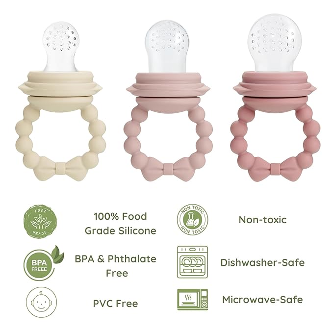 PandaEar 3 Pack Baby Fruit Food Feeder Pacifier with 3 Different Size Silicone Pouch, Silicone Teethers for Babies 3-6-12 Months, BPA Free Mesh Feeder, Baby Solid Food Essentials