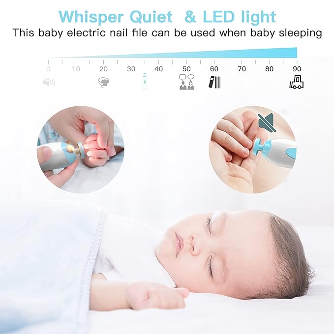 Baby Nail Clippers Electric Baby Nail Trimmer with LED Light Whisper Safe Nail File for Newborn Toddler Kids Toes Fingernails Care Kit with 10 Grinding Heads Battery Operated (Not Included) - Blue