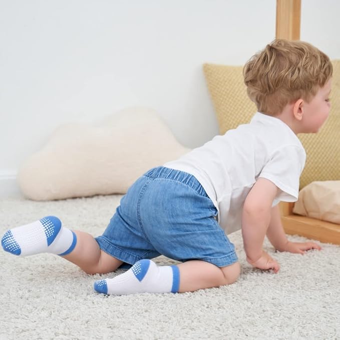 ZAPLES Baby Non Slip Grip Crew Socks with Anti Skid Soles for Infants Toddlers Kids Boys Girls