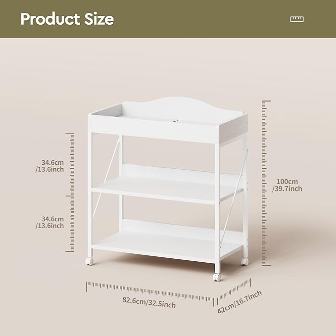 Baby Changing Table, Diaper Changing Station with Pad and Wheels, Two-Tier Open Storage Shelves, Waterproof Diaper pad & Safety Strap, Compact Baby Furniture for Nursery, White