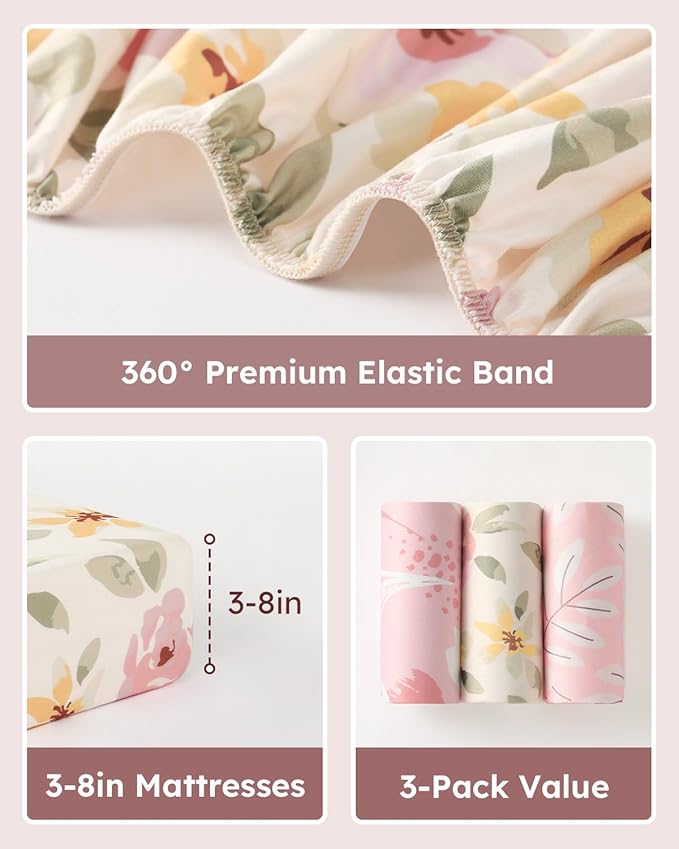 Pack and Play Sheets Fitted 3 Pack, Mini Crib Sheets for Pack N Play Mattress Stretchy Portable Playard Sheets, Soft Breathable Pink Flowers & Leaf