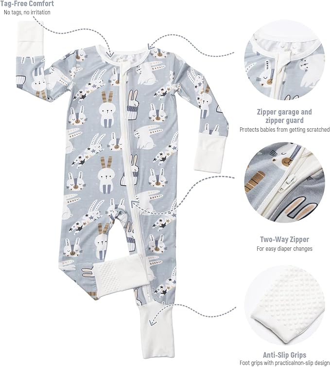 OPAWO Viscose from Bamboo Baby Pajamas Girl 2pack Mittens Cuff 2 Way Zipper Soft Footless Sleeper Baby Boy One-Piece Romper