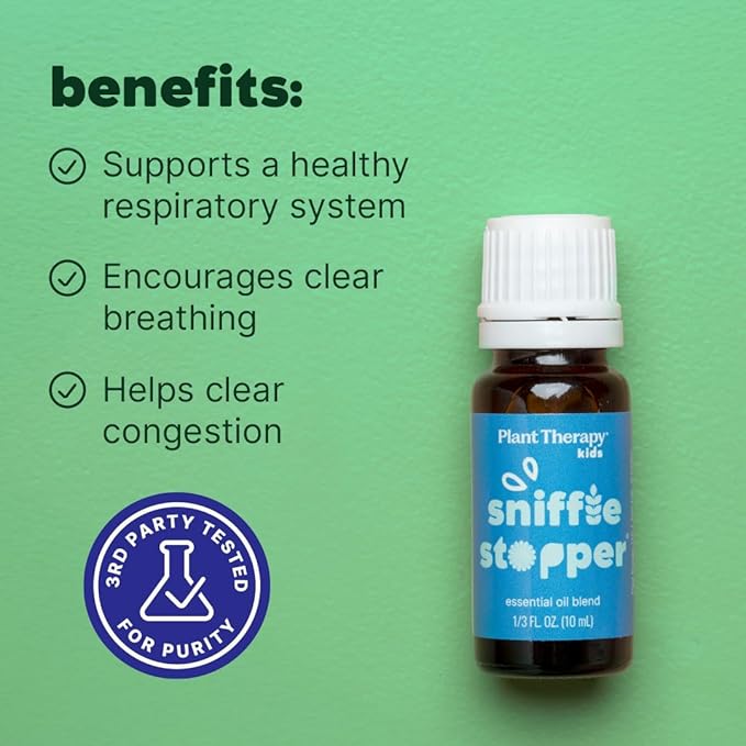 Plant Therapy Kids Sniffle Stopper Essential Oil Blend, 10 mL (1/3 oz), Respiratory Support Essential Oil Blend, Helps Clear Congestion, 100% Pure, Undiluted