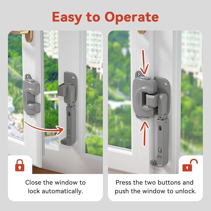 EUDEMON 2 Pack Updated Baby Window Safety Lock, Childproof Window Restrictor for UPVC, Adjustable Winodw Guard for Wooden, Metal Frames (Grey)