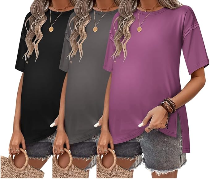 Ekouaer Maternity Shirts 3 Packs Short Sleeve Womens Oversized Pregnancy Tops Split Side Postpartum Blouse Clothes S-XXL