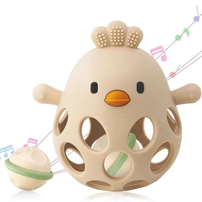 ChooKaChoo 2-in-1 Baby Teething Rattle Toy, Sensory Grasping Teether for Infants 3-12 Months, 100% Food-Grade Silicone, Easy to Hold, Soothing & Developmental, BPA Free