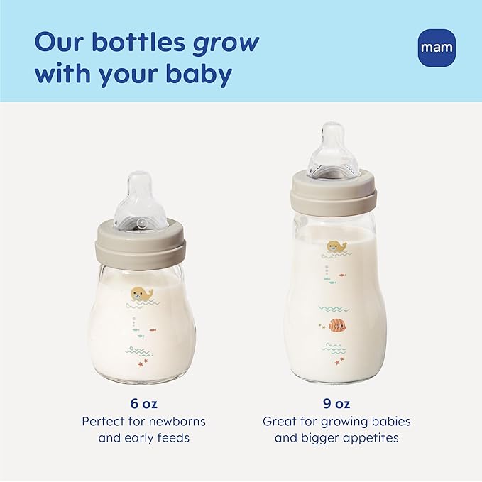 MAM Premium Glass Baby Bottles, Easy Switch Between Breast and Bottle, Feel Good Slow Flow, Newborn Essentials Must Have, 2+ Months, BPA Free, 9oz, Unisex, 3 Pack