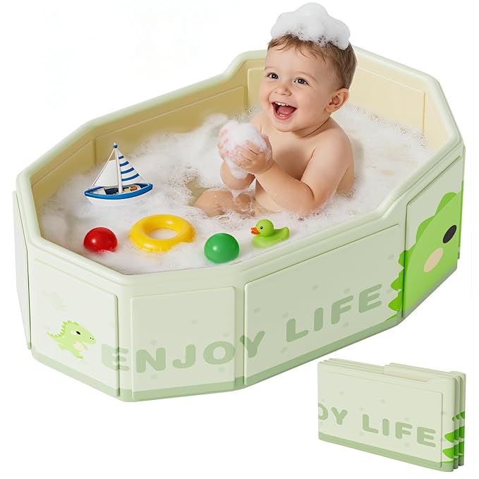 Collapsible Baby Bathtub for Shower, Portable Foldable Toddler Bath Tub with Non-Slip Base, Compact Travel Essentials for Kids & Infants, Easy Storage in Small Spaces, Dinosaur Pattern
