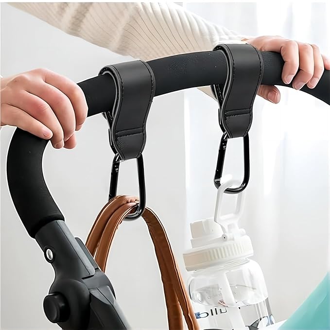 4PCS Stroller Hook Accessories, Multipurpose Stroller Bag Hooks, Leather Stroller Clips for Diaper Bags Pet Carts Grocery Shopping Bags(Black and Brown)