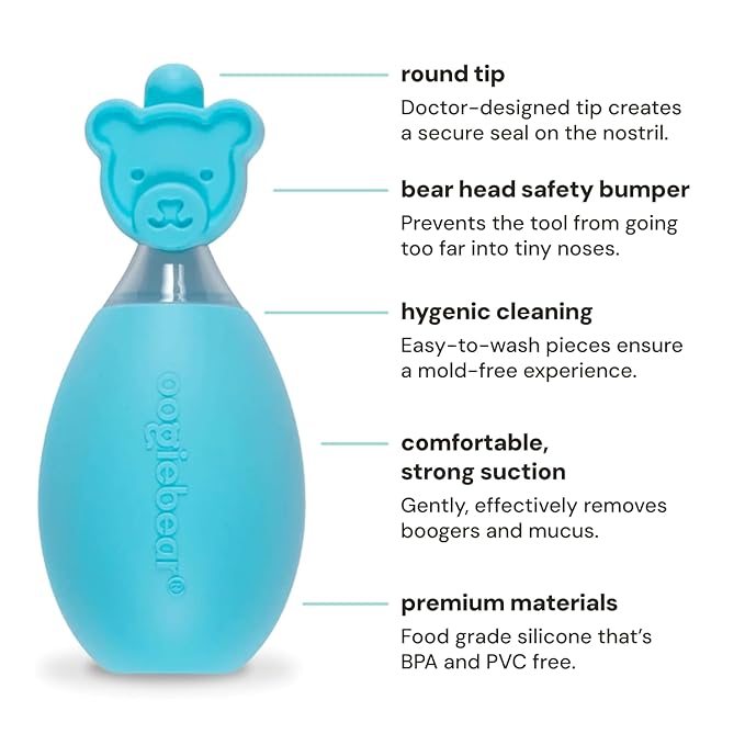 oogiebear: Baby Nasal Aspirator - Safe Booger & Earwax Remover for Newborns, Infants, Toddlers - Better Syringe, Airtight Suction, Nose Sucker - Essential Baby Stuff, Diaper Bag Must-Haves, Blue