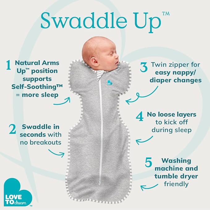Love to Dream Warm Swaddle UP 2.5 TOG Baby Sleep Sack for Autumn & Winter | Arms Up Position for Self-Soothing, Calms Startle Reflex | Newborn 5-8.5 lbs, Dusty Blue Silly Goose