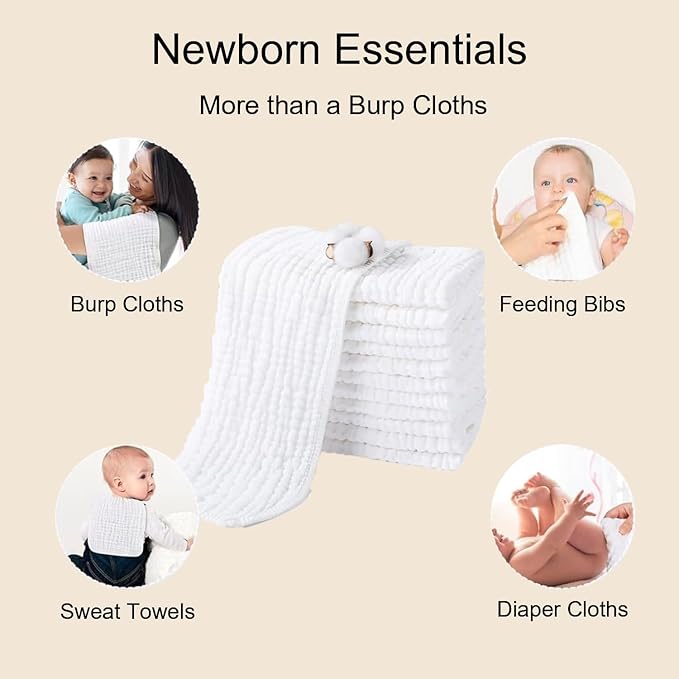 8 Pack Muslin Burp Cloths for Baby, 100% Organic Cotton Baby Washcloths for Boys Girls Large 20''X10'' Super Soft and Absorbent (White-8 Pack)
