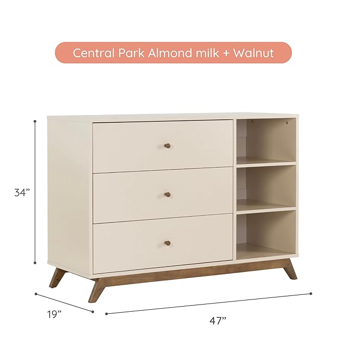dadada Central Park 3-Drawer Dresser with Open Shelving - Modern Design, Baby-Safe Finish, Forged Steel Support, Sturdy Wood Legs, for Nursery, Kids or Teen Room, 47” Wide (Almond Milk+Walnut)