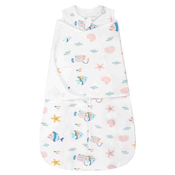 ZIGJOY Sleep Sack Swaddle 1.0 Tog Baby Wearable Blanket 100% Cotton Adjustable Silent Transition Swaddle Blanket, 0-6 Months, Ocean