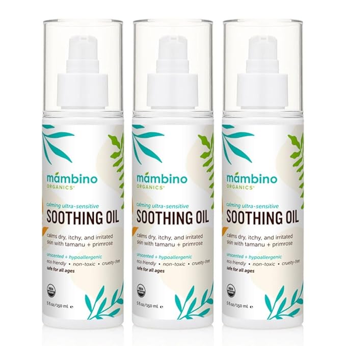 Mambino Organics Soothing Baby Oil, Organic Unscented Body Oil with Jojoba, Evening Primrose, Hydrates Dry, Itchy Skin, Gentle for Babies, Kids, Vegan, Baby Care Products, 3 Pack, 5 fl oz
