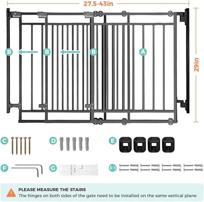 COMOMY 27.5-43" Baby Gate No Bottom Bar for Stairs and Doorways, 2-in-1 Auto Close Dog Gate Indoor for the House, Hardware Mounted Pet Gate with Large Walk Thru Door, Child Safety Gate for Dogs, Black